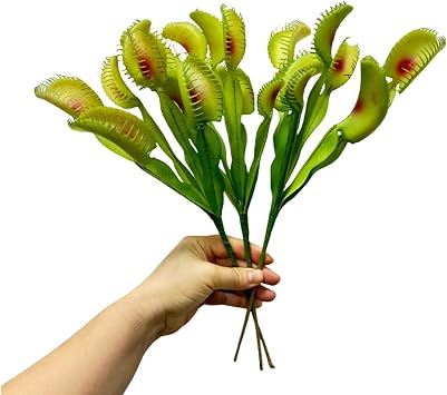 3 Stems 13" Green Artificial Venus Flytrap Plant Fake with 8 Flower Heads for Vase Bouquet and Home Outdoor Garden Wedding Festival Decoration,Halloween Decorations and Botanical Houseplant Displays