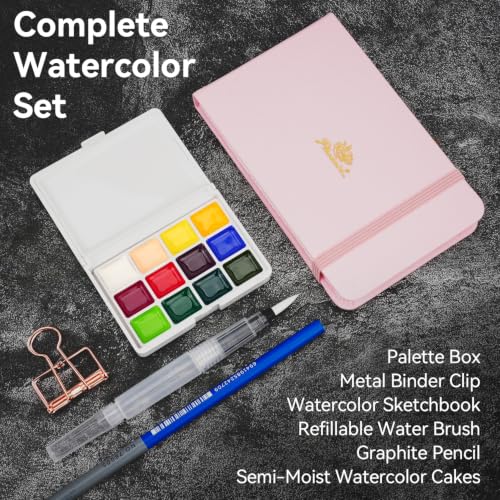 PHOENIX Mini Travel Watercolor Set - Portable Pocket Palette with 12 Semi-Moist Cakes, All-in-One Outdoor Painting Kit with Refillable Water Brush, Sketchbook & Metal Binder Clip - Floral Set - Image 3