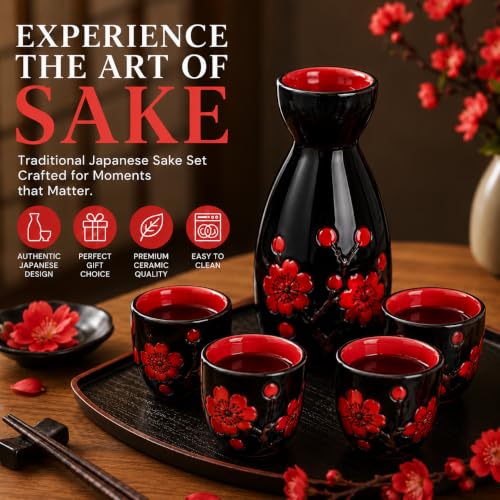 Image of Melbify Japanese Sake Cherry Blossom Design Set | 1 Pc Sake Bottle(180 ml) & 4 Pc Sake Cup(45 ml) | Traditional Craftsmen's Hand Painted Design | Tokkuri Carafe & Cups | Ceramic Serving Gift Set