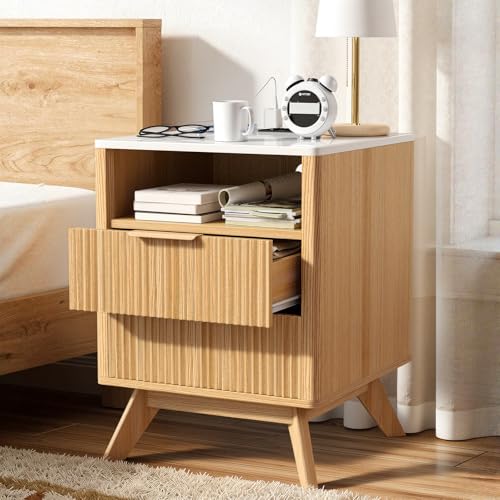 Image of Nebuaegis Nightstand,Side Table with Charging Station,Bedside Tables with Drawer,Mid-Century End Tables Set (1-Piece),Natural Oak