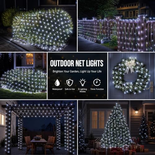 Image of Dazzle Bright Christmas 360 LED Net Lights, 12FT x 5 FT Connectable Waterproof String Lights Clear Wire with 8 Modes, Christmas Decorations for Indoor Outdoor Xmas Party Yard Garden Decor (White)