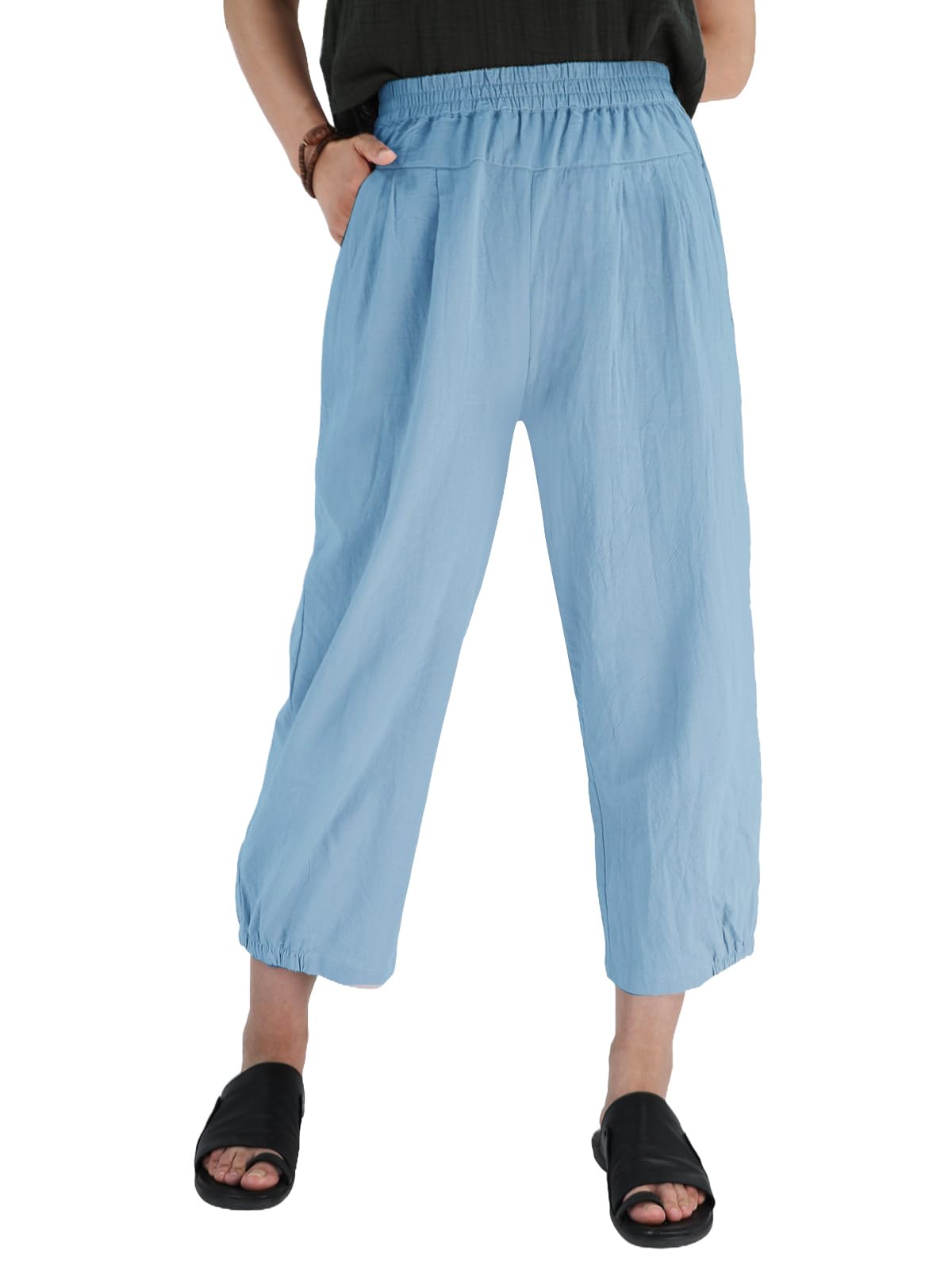 Les umes Pantaloni Donna Estivi Casual Cotone Elastici in Vita Pantalone Gamba Larga Leggeri con Tasche