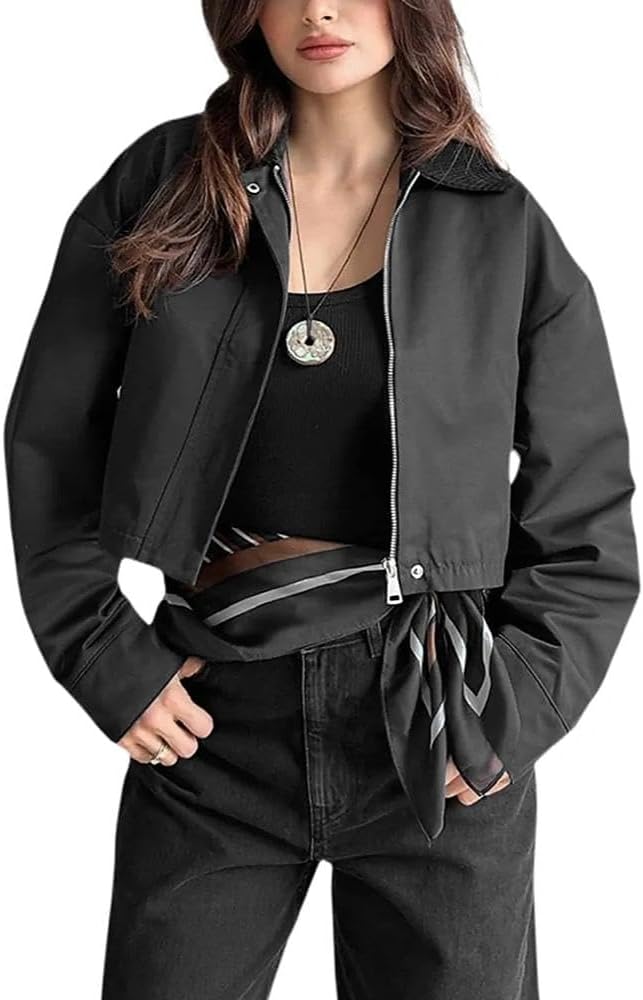YouSexy Women's Cropped Bomber Jackets Long Sleeve Casual Zipper Up Coat Outerwear