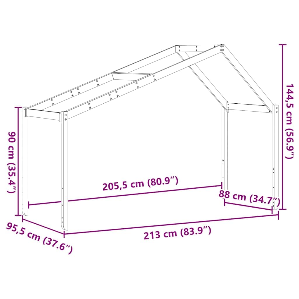 Techo para cuna blanco de pino macizo 213 x 95,5 x 144,5 cm con lado abierto, accesorio para marco de cama, construcción estable, ideal como lugar de juego y retiro en la habitación de los
