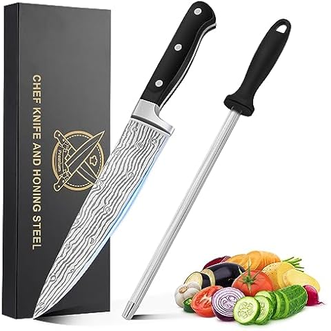 Chef knives (8.3 inch), Unokit Professional chef knife and honing steel, stainless steel, Ergonomic Handle, Ultra Sharp Chef Knife, Non-Stick Kitchen Knife, Chefs Knives and Honing Steel with Gift Box Cover