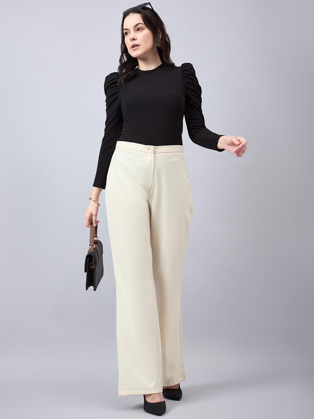 Style Quotient Women Black Texture Polyester Slim Fit Smart Casual Puff Full Sleeve Top - Image 5 thumbnail