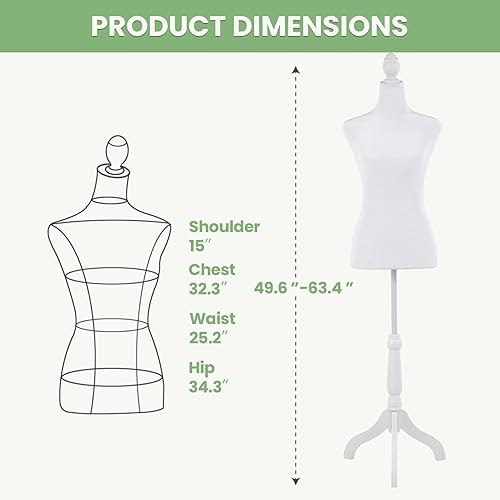Miniatura 2 de Cuerpo de maniquí femenino, 49.6-63.4 pulgadas de altura ajustable con soporte de trípode de madera, torso de maniquí de costura para casa, tienda