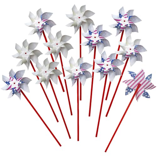 Fun Express Patriotic UV Light Color-Changing Pinwheels - 6.5" x 14.75" (Pack of 12) - Perfect for 4th of July Celebrations, Parades, and Outdoor Festivities