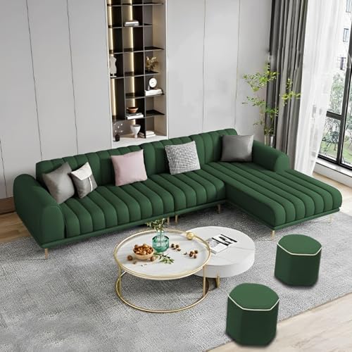 Image of Casaliving Herrick RHS 6 Seater L Shape Sofa Set with 2 Puffy for Living Room (Green Colour Fabric) Premium Velvet Fabric Sofa