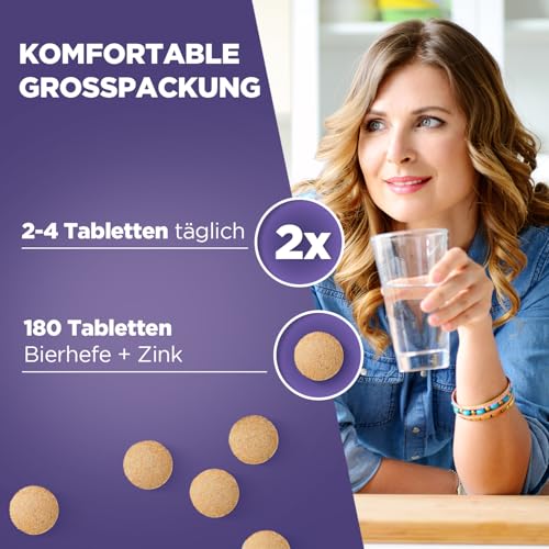 Sanotact Bierhefe + Zink Tabletten – 180 Stück | Für Haut, Haare & Nägel | Vitamin-Komplex mit Bierhefe, Zink, Biotin, Vitamin B12, B6 & Vitamin C | 100% Vegan