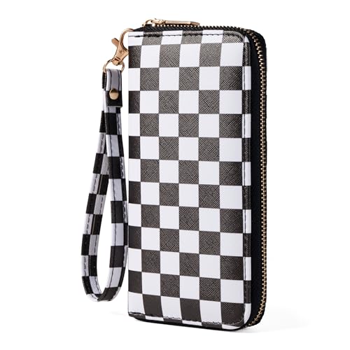 Image of Checkered Cow Print Wallet For Women Skull Goth Frog Butterfly Turtle Ladies Cluth Wristlet Wrist Strap Long Purse Zip Around Card Holder
