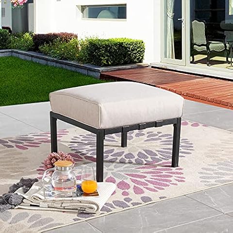 Festival Depot Patio Ottoman Metal Footstool with Thick Cushion Small Seat All Weather Outdoor Furniture for Porch Deck Garden (Beige) Cover