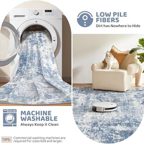 6x9 Area Rug Living Room Rugs - Washable Neutral Modern Abstract Soft Thin Rug Indoor Floor No Slip Rug Carpet for Bedroom Under Dining Table Home Office Decor - Blue White