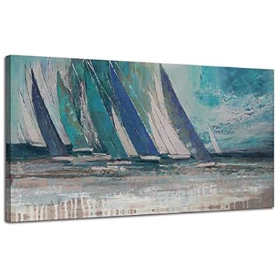 Arjun Blue Abstract Wall Art Teal Ocean Sailboat Picture Modern Turquoise Coastal Painting, Large Canvas Handmade… 512gRF2nFJL. SS400