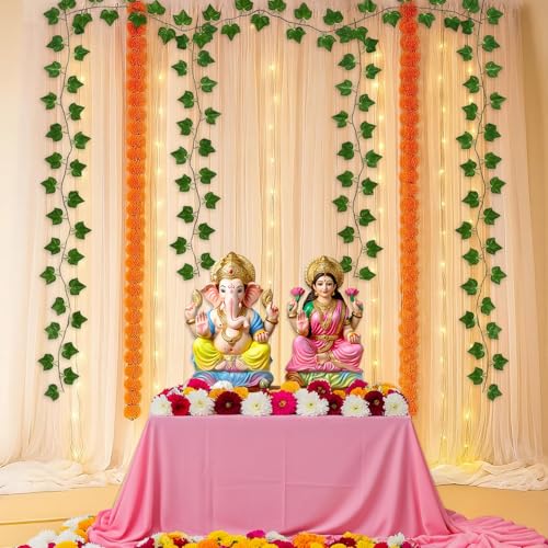 SpecialYou® Ganpati Decoration Setup for Home Decor with Ganpati Decorations Backdrop White Curtains, Marigold & Green Vines, Ganesh Decoration Items for Home, 10 Pcs