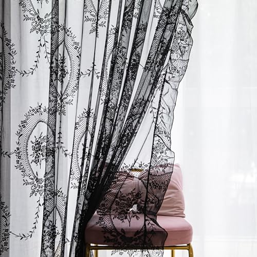 Sutuo Home Black Lace Curtains 84 Inches Long for Bedroom Living Room 2 Panels, Sheer Set Rose Floral Embroidery Ruffled Vintage Window Treatment Pair Gothic Halloween Decor, Rod Pocket, W57 x L84