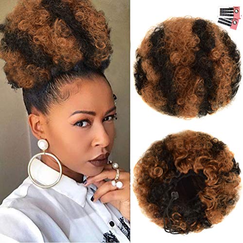 Afro Puff Drawstring Ponytail Extension for Black Women, Premium Ombre Brown #1H27 80 Gram Short Synthetic Afro Puff Ponytail for Natural Hair, Clip On Kinky Drawstring Curly Ponytail Bun