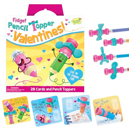 Peaceable Kingdom Valentines Cards for Kids Classroom, Set of 28 Valentines Day Gifts - Fidget Spinner Pencil Toppers
