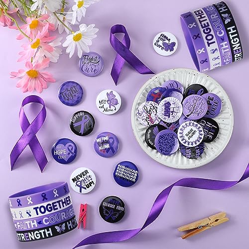 138 Pcs Purple Ribbons Awareness Accessories 30 Purple Ribbons Bracelet Silicone Wristband 48 Violet Round Pin Buttons and 60 Stickers for Domestic Violence Alzheimer's Pancreatic Cancer4
