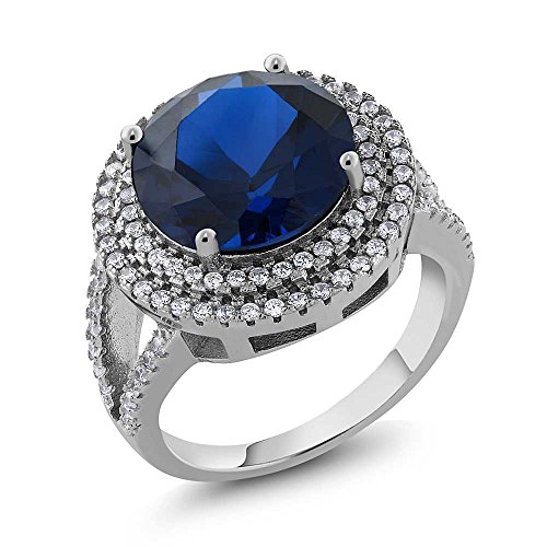 Gem Stone King 7.56 Cttw Blue Simulated Sapphire Ring In 925 Sterling Silver | Round 12MM | Wedding Engagement Anniversary Promise Ring For Women | Available in size 5, 6, 7, 8, 93