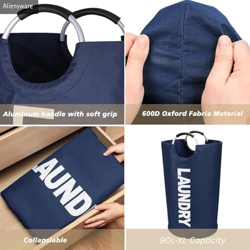 Image of Aliensware Laundry BasketXL 90L with aluminium Handles,Collapsible Laundry Bag Bin Hamper, Water Resistant Oxford cloth bag /Foldable /Clothes Storage Box /Storage Basket /Aliens-(79 X 38cm) Navy Blue