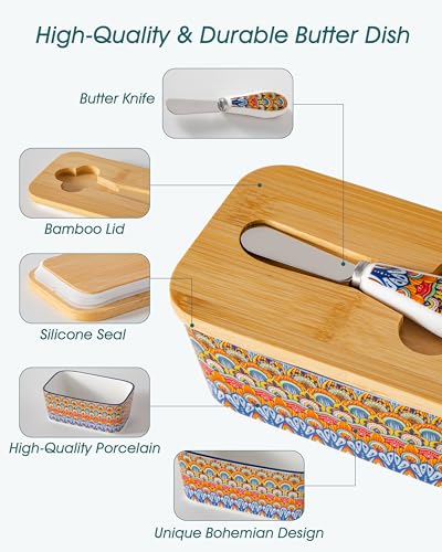 vancasso SIMI Butter Dish with Lid, 6.5" Large Butter Dish for Countertop, Bohemian Ceramic Butter Keeper Container with Knife and Bamboo Lid, Butter Holder for Counter, Regal Bloom — view 5