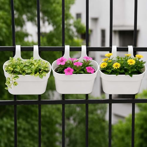 Image of Go Hooked 12 Inch Plastic Railing Hanging Planter Pot Set of 3 | Rectangular Flower Pots with Double Hook for Garden Fence Balcony Indoor Outdoor Home Decor | Durable Plant Container (White)