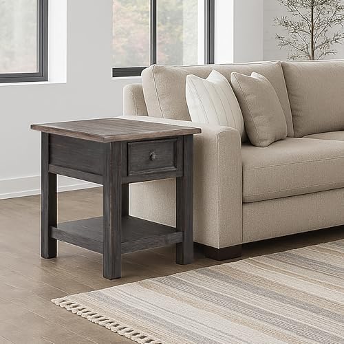 Image of Signature Design by Ashley Tyler Creek End Table, Farmhouse Wood | Smooth-gliding drawer, Open shelf for organized storage, Durable solid and engineered wood and veneers