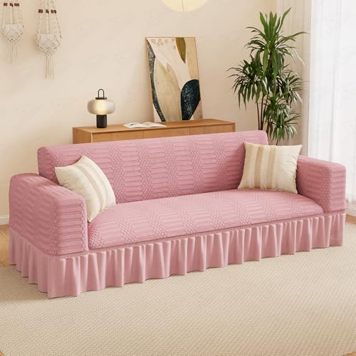 Image of Lukzer 2 Seater Jacquard Sofa Cover with 360 Frill Skirt - Pastel Pink Dotted Stripe | 240 GSM Stretchable Anti-Slip Fully Covered Universal Couch Cover for Living Room (140-180CM /SC-068-02F)