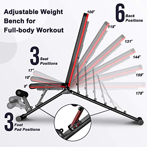 FBSPORT Weight Bench, Adjustable Strength Training Workout Bench , Bench Press for Home Gym Full Body Exercise, Incline Decline Weight Bench Foldable Workout Bench with Bands, Red