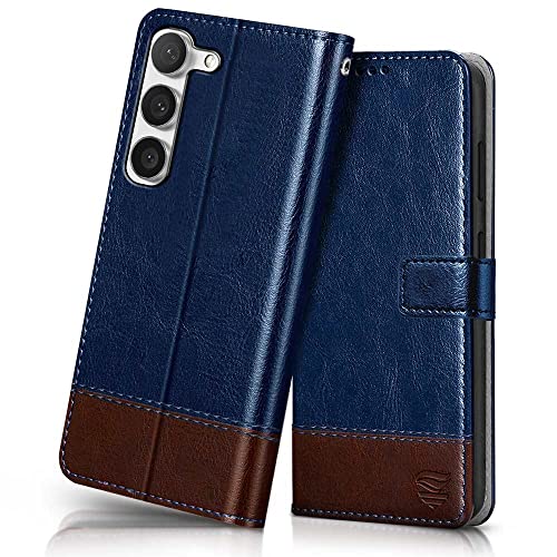 Image of FLIPPED Vegan Leather Flip Case Back Cover for Samsung Galaxy S23 5G (Flexible, Shock Proof | Hand Stitched Leather Finish | Card Pockets Wallet & Stand | Blue with Brown)