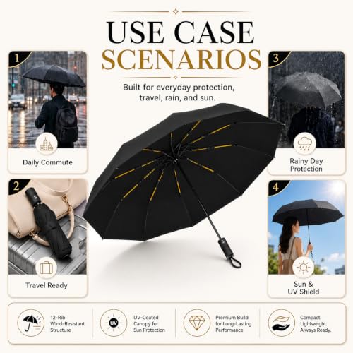 Image of STAR WORK UV Protection Travel Umbrella - Compact Folding Umbrella for Sun & Rain - Windproof, Waterproof, Auto Open /Close - Portable & Lightweight for Women & Men.