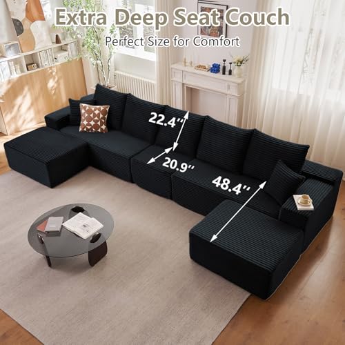 Image of 167.7 inch Sectional Cloud Couch for Living Room, Stupendous U Shaped Sofas, Modular Floor Deep-Seat Sofa, Big Comfy Corduroy Couches Set with Fluffy Memory Foam, No Assembly Required, Black
