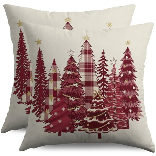 Housses coussins Noël 16x16", 2 pièces, Carreaux bordeaux