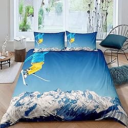 Cubrecamas Para Adolescentes Homewish Juego de ropa de cama de esquí, funda de edredón de montaña de nieve, funda de edredón para jugadores de deportes extremos, funda de edredón para hombre joven, cielo azul, nubes blancas,