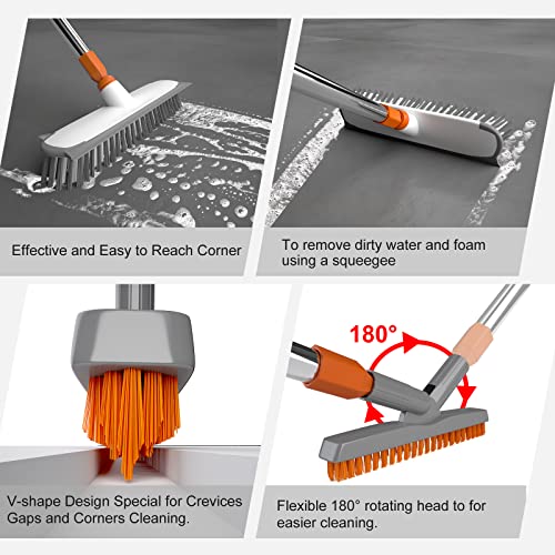 Heavy Duty Floor Scrub Brush And Grout Brush Set With Long Handle 12" Wide Floor Brush With Stiff Bristle Brush Scrubber For Cleaning Deck, Bathroom, Tile, Kitchen, Swimming Pool (2 Pack Brush Head) #TOP2