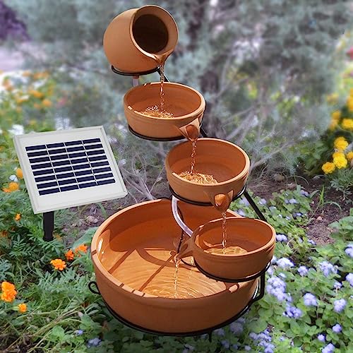AMUR Fontaine Solaire Cascade Cruche et Bols en Argile 55 cm - Déco Originale pour Votre Jardin, Terrasse ou Balcon