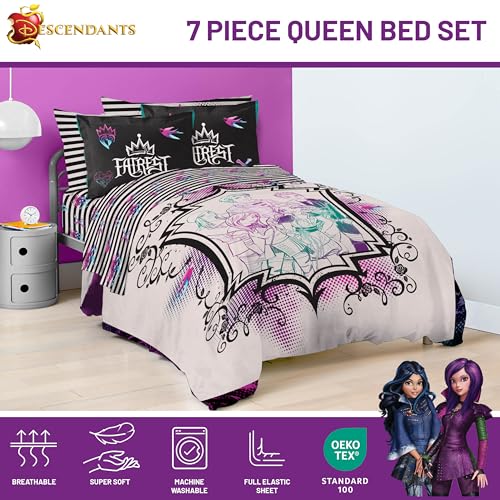 Image of Disney Descendants Queen Comforter Set 7 Piece Kids Soft Bedding, Multi | Bed in a Bag, Comforter Sheets Shams Pillowcases, Official Product, Soft Microfiber, Machine Washable, Girls Gift