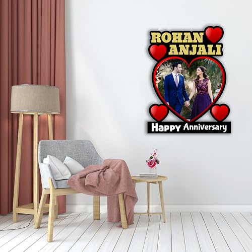 Image of Shrikant Art Personalized inchHappy Anniversary inch Heart-Shaped Photo Collage Wall Hanging - Large 15x12 Inch Custom Name Wooden Frame with Red Heart Accents