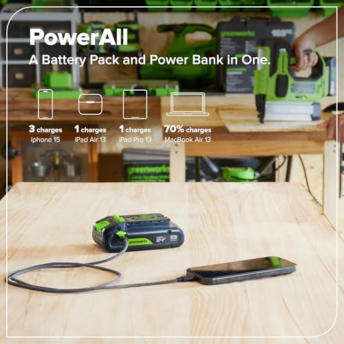 Image of Greenworks 24V 2.0Ah PowerAll Lithium-Ion High-Power Battery (Genuine Battery / 200+ Compatible Tools) with 65-Watt Bi-Directional USB-C Charger for iPhone 16, iPad, Galaxy, Pixel and More