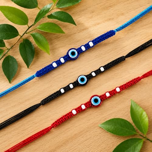 Image of Riddhika Ventures Triple Protection Evil Eye Rakhi (Set of 3), Blue for Peace • Black for Protection • Red for Love & Prosperity with Roli Chawal and Greeting Card (A1B1C1)