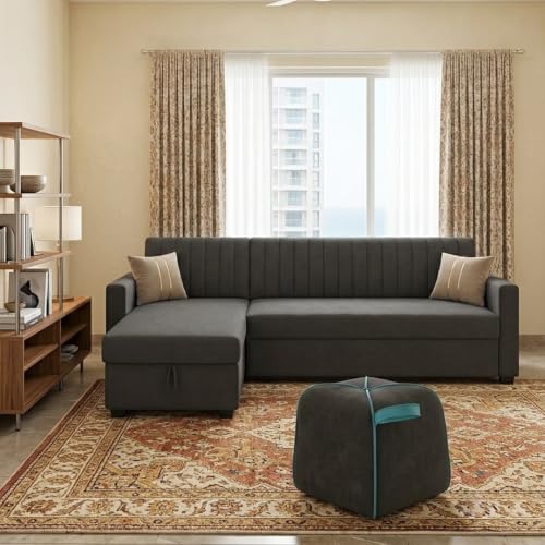 Image of CASASTYLE Kyagar 5 Seater LHS L Shape Sofa with Pull Out Bed, Storage Lounger & Suri Pouf Ottoman | Soft Velvet Suede Fabric | Comfort Cushions | Ideal for Living Room, Hotel & Office (Dark Grey)