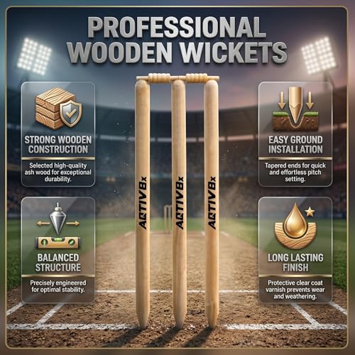 Image of Wooden Cricket Wicket Set Full Size with 1 Base, 2 Bails & 3 Wickets