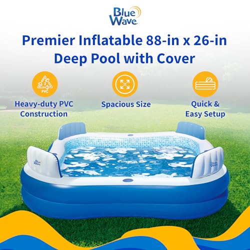 Image of Blue Wave Premier Family Inflatable Pool with Seats - 88-in x 88-in x 26-in Four-Seater Pool for Backyard Fun - Durable 4-Person Inflatable Pool with Cover, Drain Plug & Repair Patch