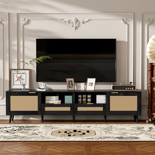 Virubi Rattan TV Stand for TVs up to 85'', Boho Entertainment Center with 2 Doors & 2 Drawers, Solid Wood Feet, Vintage Console Table for Living Room