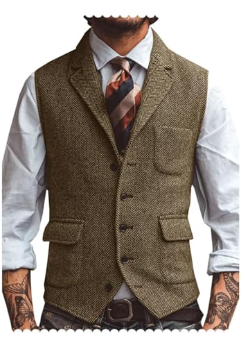 Mens Suit Vest Lapel Herringbone Tweed V Neck Waistcoat Business Formal Sleeveless Jacket