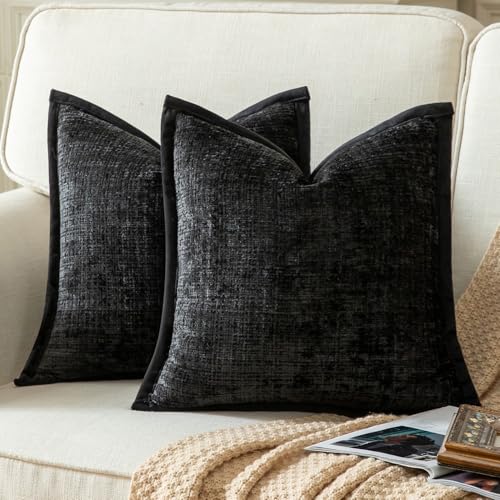 Yaertun 2er Set Kissenbezug Schwarz 45x45cm Chenille Kissenbezüge Kissenhülle Dekokissenbezug sofakissen dekokissen deko Samtrückseite für Sofa Schlafzimmer Wohnzimmer Weiche Gemütliche