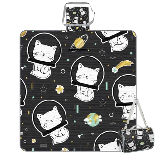 Shimoshe Picnic Blankets 57”x 59”, Cosmic Space Cat Waterproof Sandproof Picnic Mat Lightweight Foldable Beach Blanket for Camping Park Grass Beach Outdoor Blanket