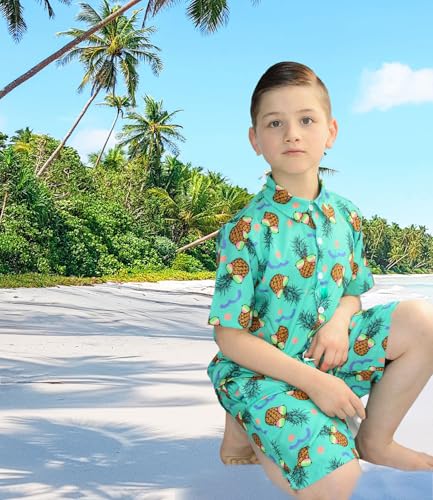 Image of UNICOMIDEA Boys Hawaiian Outfits Kids Summer Beach Outfit 2 Pieces Tropical Button Down Shirts and Swim Trunks Hawaii Pineapple Sets Size 5 6