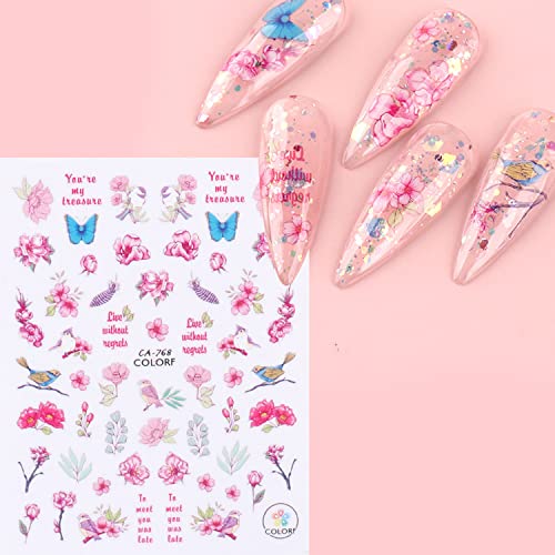 Flowers Nail Art Stickers, Summer Butterfly Flower Leaf Nail Art Decals, Holographic Floral Nail Adhesive Sticker Design Supplies For Women Girls Manicure Decorations, 3D Blossom Nail Transfer Decal #TOP2